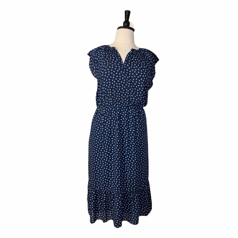 J. Crew Midi Dress Blouson Flutter Sleeve Navy Blue Star Print Women’s Size XLT